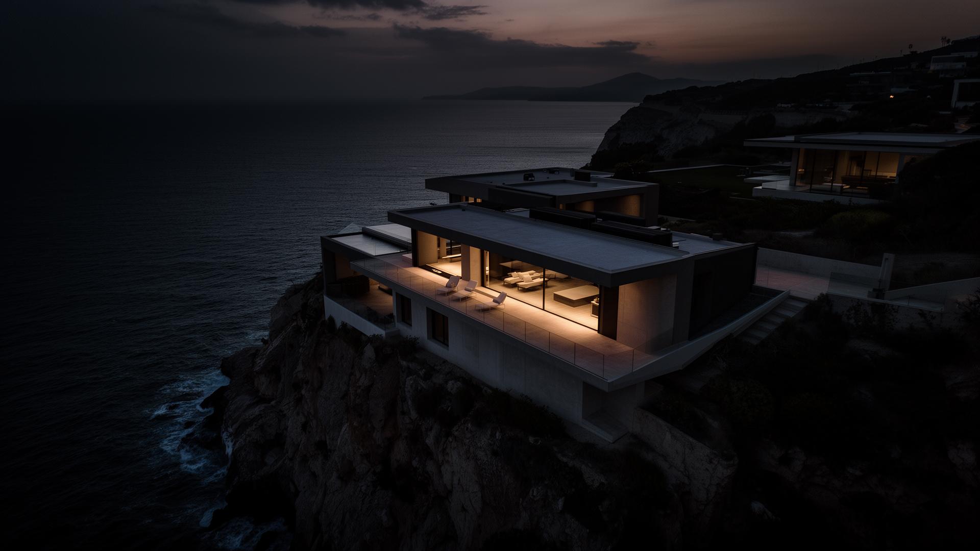Cliffside luxury villa at dusk overlooking the Mediterranean